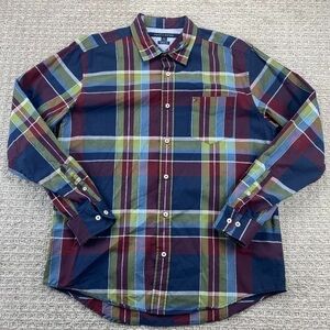 Tommy Hilfiger Shirt Men Large L Blue Green Red Plaid Button Up Classic Fit Logo